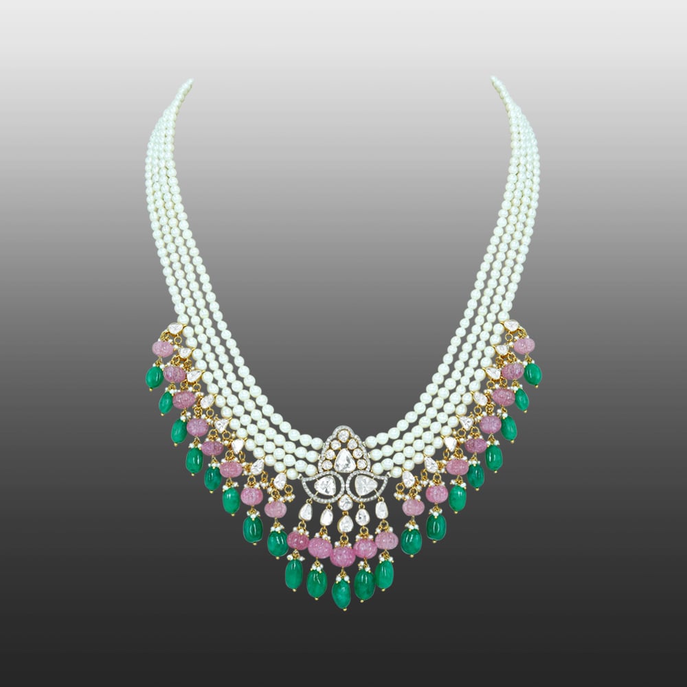 Layered Pearl Necklace with Polki, Emerald, and Rose Quartz Beads
